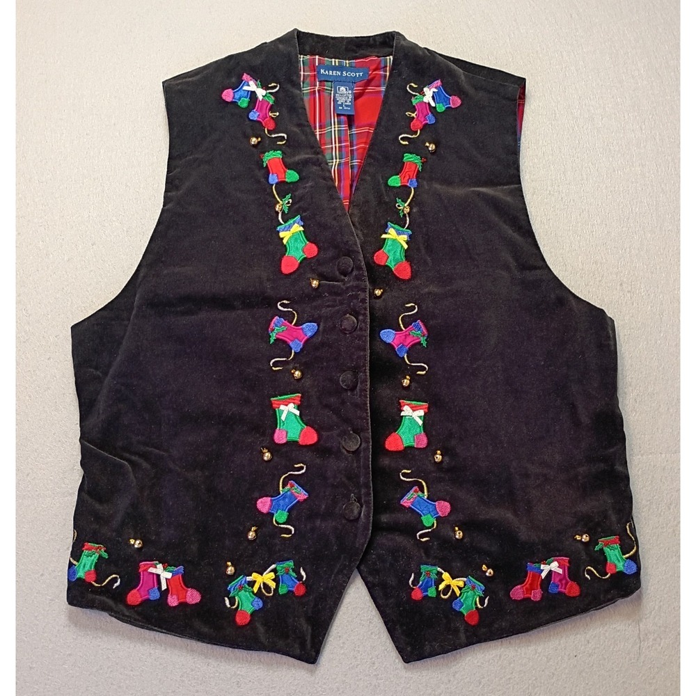 VTG 90s‎ Karen Scott Women Christmas Velour Vest Large Black Stockings Bells